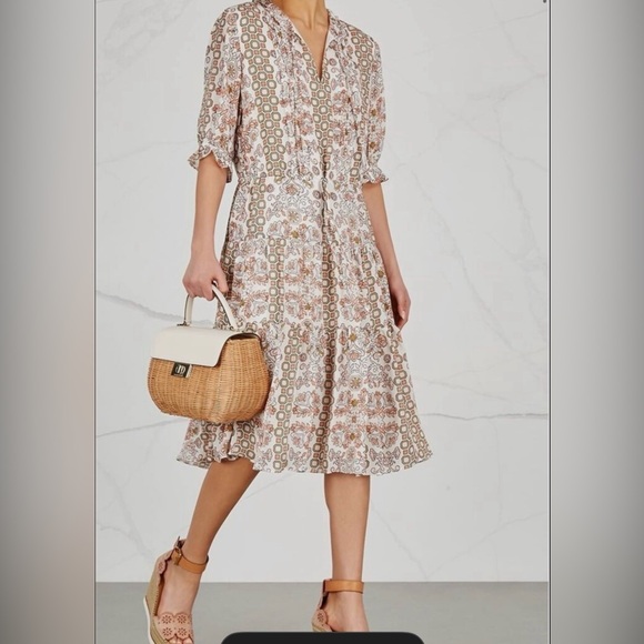 Tory Burch Silk Dress Geometric Floral Long Sleeve Dress - Picture 3 of 11